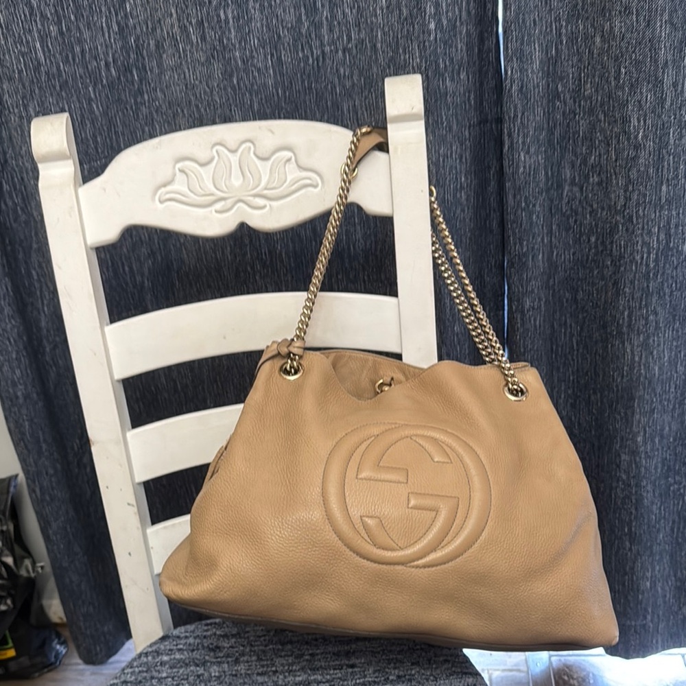 Gucci Tan Shoulder Bag with Embossed Logo and Rope Handles